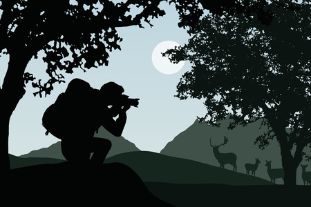 A tourist with a backpack photographing a herd of deer in a forest, with mountains in the background, under a gray sky with the sun - vectorのイラスト素材
