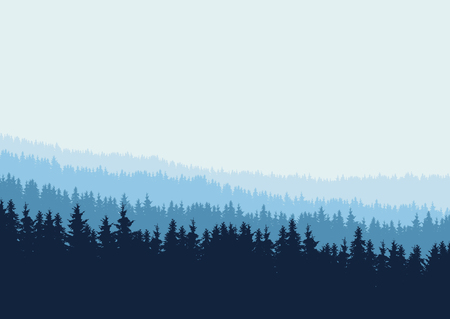 Realistic coniferous forest with silhouettes of trees in several layers under blue sky - vector with space for your textのイラスト素材
