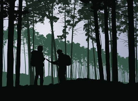 Tourists, man and woman with backpacks and map wandering in forest - vectorのイラスト素材
