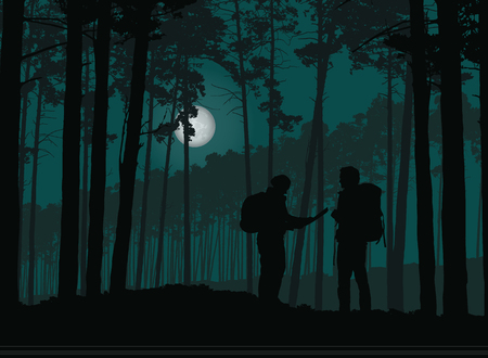 Two tourists, man and woman wandering the night forest with map, under the sky with moon - vectorのイラスト素材