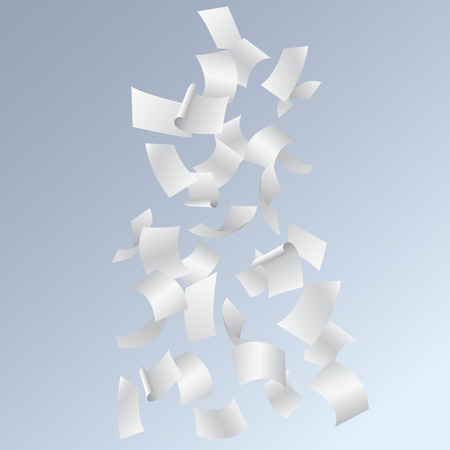 Flying pages of papers or documents, isolated in blue background - realistic vectorのイラスト素材