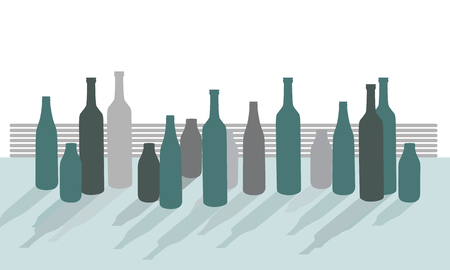 Set of vector silhouettes of bottles on desk with shadows, isolated on white background - flatのイラスト素材