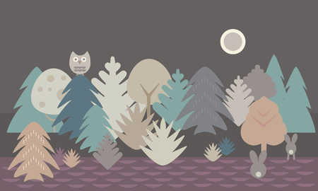 Simple flat design illustration of forest and field with owl and two hares under night sky with moon - retro vectorのイラスト素材