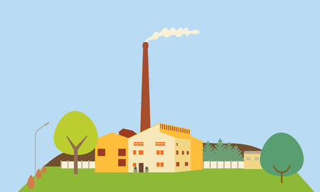 Flat design illustration of a factory with chimney and smoke, on a hill with trees, under a blue sky - vectorのイラスト素材