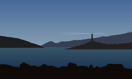 Sea with bay, rocks and shining beacon, under blue sky - vectorのイラスト素材