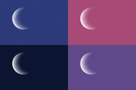 Set of four night sky of different colors, with crescent moon and stars - vectorのイラスト素材