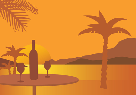 Table with wine bottle and two glasses, on a beach with palm trees, under an orange sky with the setting sun - vectorのイラスト素材