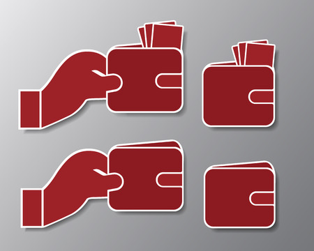 Set icons of red wallet with banknotes and hand with shadow - isolated on gray background, vectorのイラスト素材