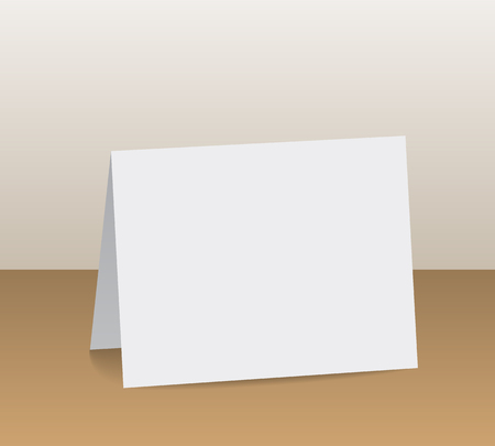 Realistic white blank folded paper card standing on wooden table top - vectorのイラスト素材
