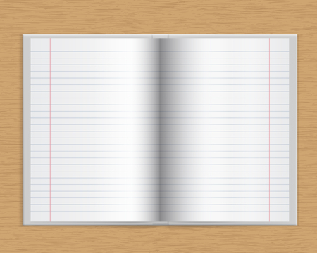 Open notebook with hard cover and of lined paper on a wooden table top - vectorのイラスト素材