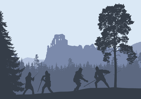 Silhouettes of four warriors fighting in a forest under the ruins of a medieval castle - vectorのイラスト素材