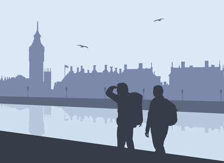 Silhouette of two tourists with backpacks on the Thames River in London at Westminster Palace and Big Ben, with flying seagullのイラスト素材