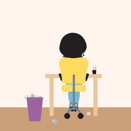 Young woman sitting on office chair at desk and paper basket, working from home or studying at school, or writing homework - vectorのイラスト素材