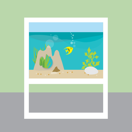 Flat design illustration of furniture with aquarium and fish with plants and decoration in room with green wall - vectorのイラスト素材