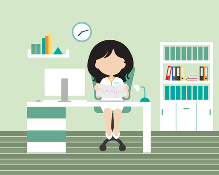 Young woman - doctor sitting in an office or surgery on a chair at a desk with a computer and scans the patient's cardiogram, green walls, filing cabinets and a clock in the background - vectorのイラスト素材