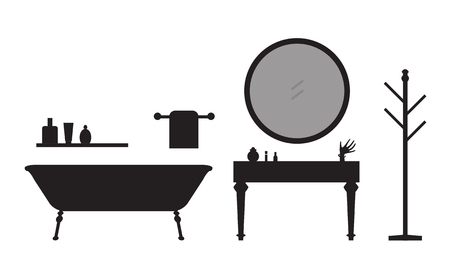 Set of silhouettes of bathroom equipment and accessories with towel, mirror and bathtub, isolated on white background - vectorのイラスト素材