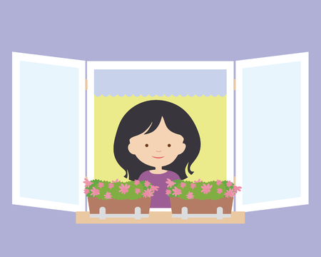 Young woman standing and smiling in an open window with flower pots and flowers, with purple facade on the wall - vectorのイラスト素材
