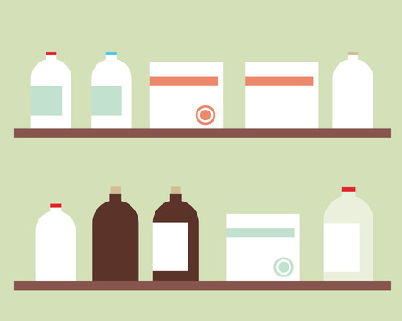 Simple flat design shelf for medicine with bottles and boxes with label, isolated on green wall - vectorのイラスト素材