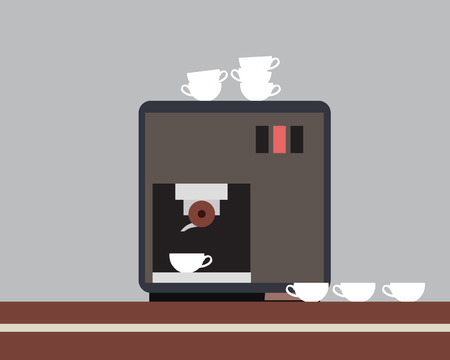 Coffee machine or espresso maker on a brown table with white porcelain cups - vectorのイラスト素材