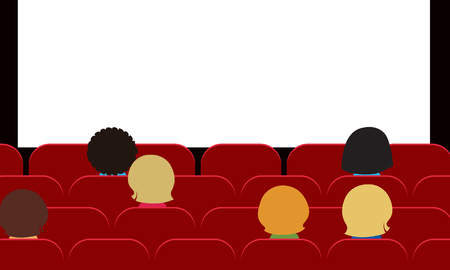 People - men, women and children sitting in movie theater on red seats and watching blank white projection screen with space for your text - vector, flat designのイラスト素材