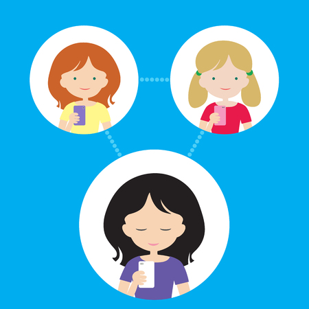 Three people - a woman and two girls are connected via a cellular phone or a cellular network. Isolated vector on blue background - flat designのイラスト素材