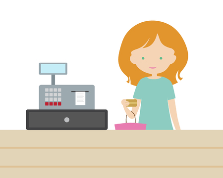 A young woman is shopping at a store and is paying with a gold payment card at an electronic cash desk. Holds a purse or shopping bag. Vector, flat designのイラスト素材