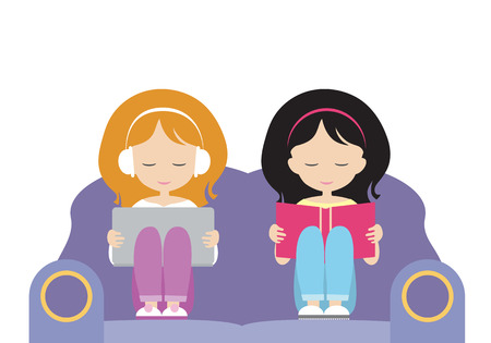 Two girls, sisters sit together on the seat, one reads a book, the other watches a movie on the laptop or listens to music. Vector, isolated on white background.のイラスト素材