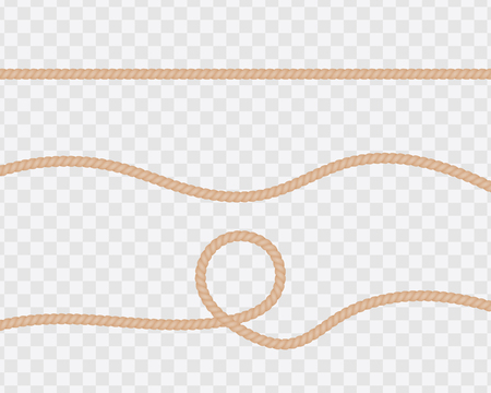 Set of realistic ropes or strings, straight and twisted. Natural twisted lines with loops isolated on a transparent background. Vectorのイラスト素材