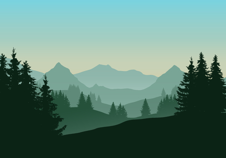 Realistic illustration of mountain landscape with coniferous forest and trees, under green blue sky with dawn - vectorのイラスト素材