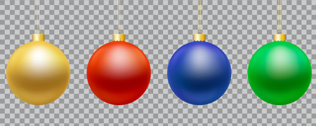 Set of realistic illustrations of christmas balls of gold, blue, green and red on golden string, isolated on transparent background - vectorのイラスト素材