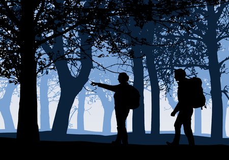 Realistic illustration of a forest with deciduous trees and two tourists on a walk, men and women with backpacks on the back, under a blue sky - vectorのイラスト素材