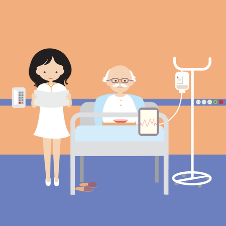 Old man lying in bed at hospital and having an intravenous infusion or injection or artificial nutrition, and woman doctor - vectorのイラスト素材