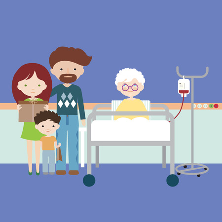 Old woman or grandmother lying in hospital bed and having intravenous infusion of artificial nutrition, family with children and grandchildren on visit - vectorのイラスト素材
