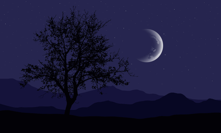 Realistic illustration of a night mountain landscape with a deciduous tree and a hill, under a purple sky with stars and a crescent moon - vectorのイラスト素材