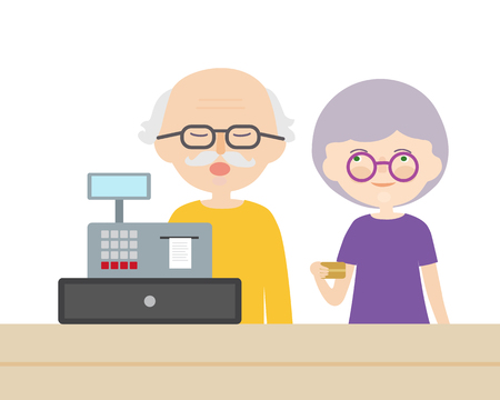 A couple of old people, man and woman paying a credit card at a cash desk - vectorのイラスト素材