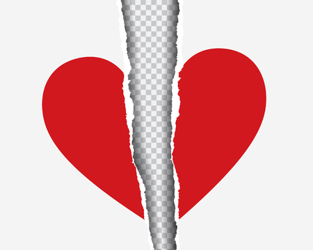 Realistic illustration of red torn heart on paper with shadow, isolated on transparent background - vectorのイラスト素材