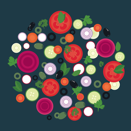 Flat design illustration of vegetable slices in circular layout, suitable for menu for cooking or food - vectorのイラスト素材