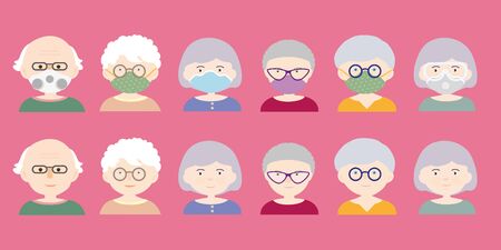 Set of cartoon heads or avatars of people - seniors, men and women. They wear a protective mask and a respirator with glasses. Isolated vectorのイラスト素材