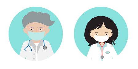A cartoon illustration of an avatar of a doctors man and woman with a stethoscope, coat and protective mask. Round green icon, isolated on white background - vectorのイラスト素材
