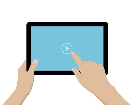 Cartoon illustration of hand holding tablet with screen and media player icon. Finger clicks the button on the display. Isolated on white background - vectorのイラスト素材