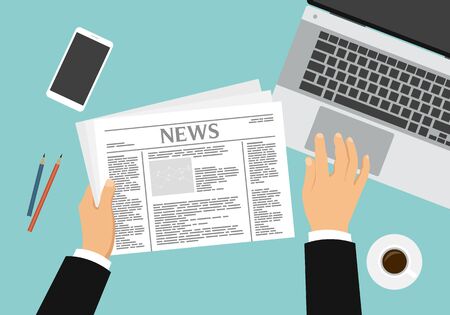 Flat design illustration of the hands of a male manager who reads a newspaper and works on a laptop. Desk with coffee and mobile phone - vectorのイラスト素材