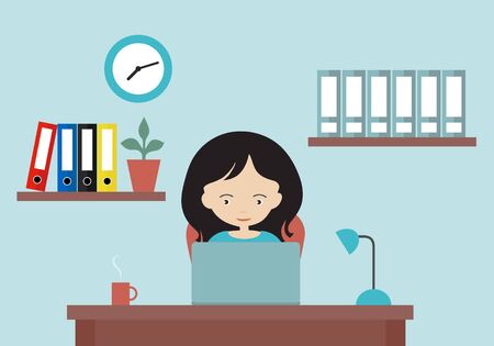 Flat design cartoon illustration of woman working in office on laptop. Work desk, shelves and clock on the wall - vectorのイラスト素材