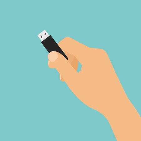 Flat design cartoon illustration of hand holding USB flash drive - vectorのイラスト素材