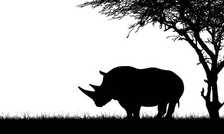Flat design black and white illustration of a rhino silhouette with two horns under a tree in the grass on Safari - Space for your text - vectorのイラスト素材