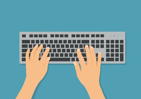 Flat design illustration of wireless computer keyboard on office desk. Hands writing text - vectorのイラスト素材