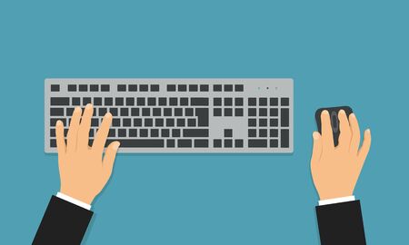 Flat design illustration of office desk with wireless keyboard and mouse. Hands of a manager writing a text - vectorのイラスト素材