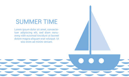 Simple flat design illustration of a sailing boat or sailboat on the waves of the blue sea. Space for text, suitable for poster for travel and summer vacation - vectorのイラスト素材