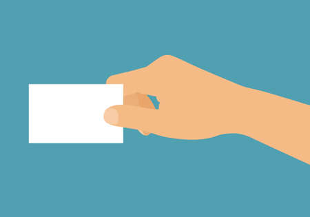 Flat design concept - male or female hand holding white blank business card. Isolated on green...