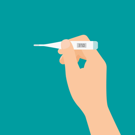 Flat design illustration of male or female hand holding medical thermometer and measuring temperature - vectorのイラスト素材