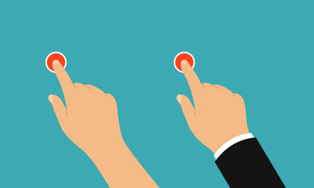 The hand of a businessman or woman pressed a red button with her index finger. Isolated on green background - vectorのイラスト素材